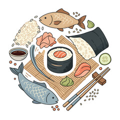 Sushi with fish and ingredients. © Akun
