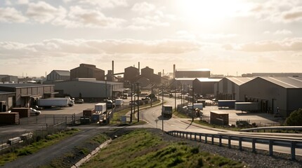 Obraz premium Industrial Area with Warehouses and Factories at Sunset