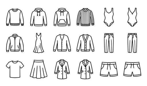 Clothes Line Icon Set with Sweatshirt Hoodie Jacket Evening Dress and Trousers Editable Stroke Vector