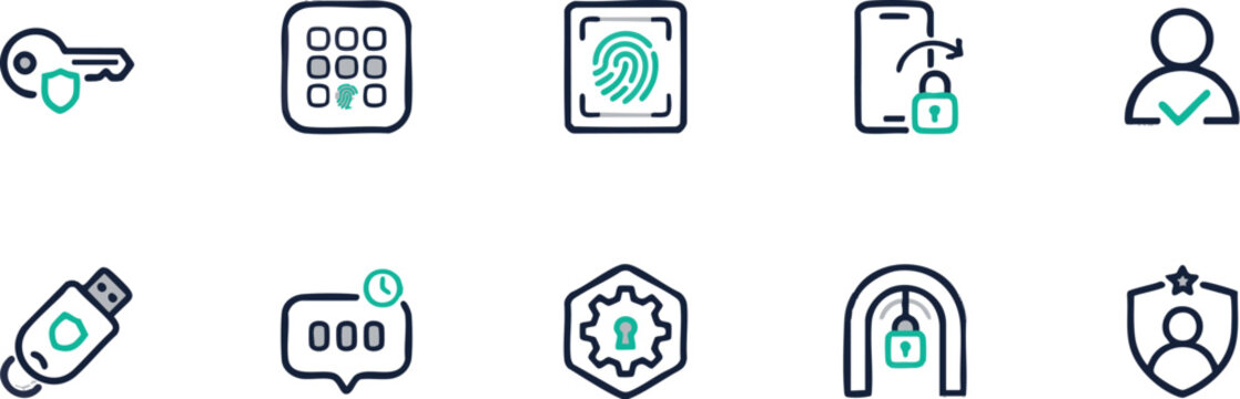 Cyber security line icons set, 10 digital privacy and data protection vector symbols, biometric authentication and network safety graphics