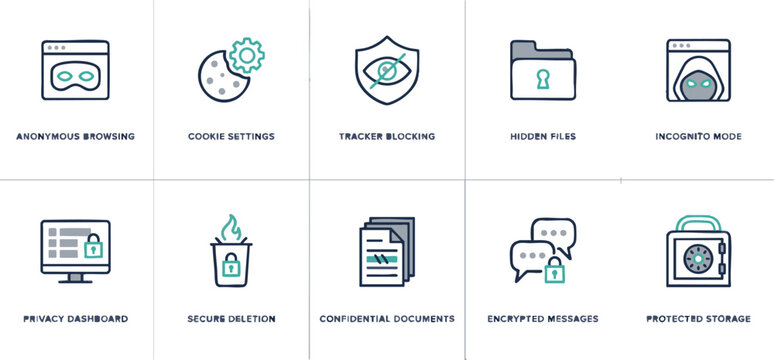 Cybersecurity and data privacy icon set, 10 thin line vector icons for anonymous browsing and incognito mode, digital safety and encryption symbols