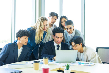 Fototapeta premium Boss And Business People Group In Office, Leadership Concept, Successful Mix Race Team Of Businesspeople Wearing Suits, Professional Staff Happy Smiling