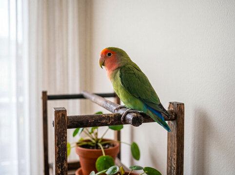 Portrait of a beautiful peach-faced lovebird (Agapornis roseicollis) perched on a wooden stand inside.