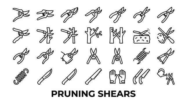 Black line pruning shears and cutting tool icons.