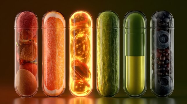 Glowing vitamin tablets arranged beside fresh natural counterparts, highlighting health and wellness through vibrant, illuminated supplements and organic ingredients.