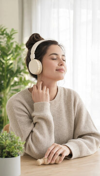 A woman with headphones sits at a table, enjoying music while relaxing in a cozy indoor environment. Calm and serene atmosphere.