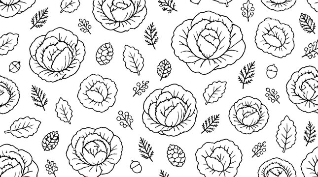 Detailed line art of cabbage and leaf patterns.
