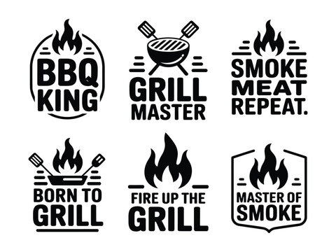 Black grill and BBQ related labels and logos with flame and text on white background