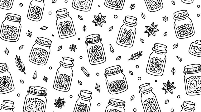 Hand drawn jars with spices and herbs pattern design.