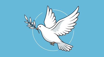 Fototapeta premium White dove flying with an olive branch in beak, representing peace, hope, purity, and freedom. Minimalist illustration.