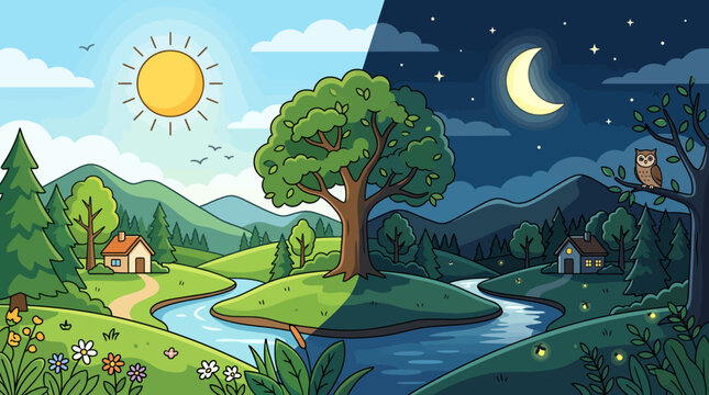 Day night Flow Illustration Dual season Landscape with River Houses