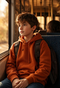 Young boy gazes out a train window wearing an orange hoodie and backpack, appearing thoughtful in warm autumnal light. The composition conveys travel, contemplation, and youthful quiet moment.