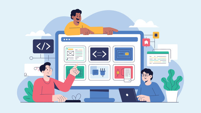 Software developers collaborate on a user interface design using a large monitor screen showing web application wireframes and code components.
