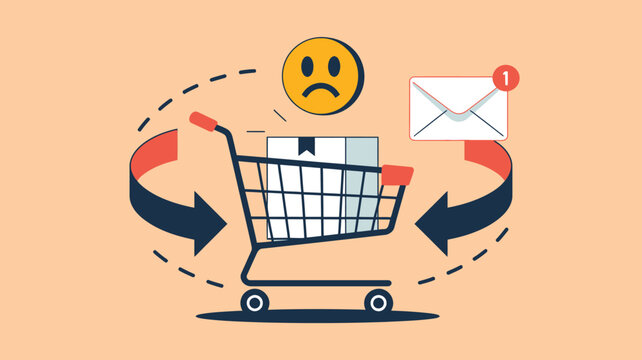 Shopping cart containing a product box sits beside a sad emoji and notification envelope representing customer dissatisfaction with order delivery.