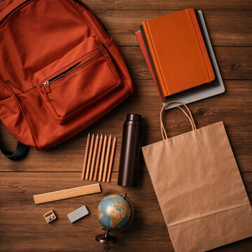 Backpack, notebooks and stationery arranged on a wooden table, with a globe and paper bag for a school or travel concept. Warm tones and flat lay composition with copy space.