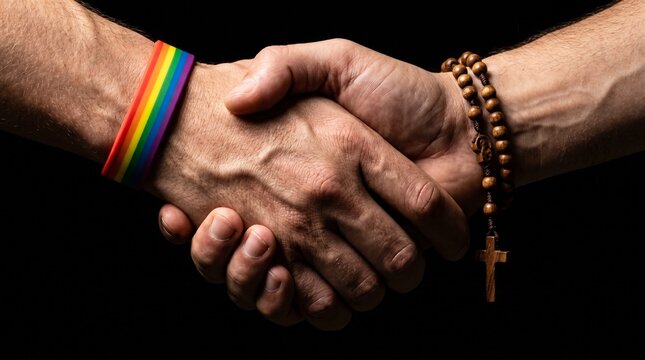 Close up of a firm handshake between two people featuring a vibrant rainbow wristband on one arm and wooden prayer beads with a cross on the other isolated on a dark black background