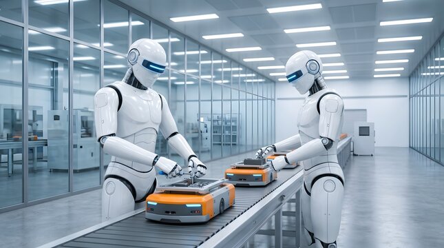 Two sleek white humanoid robots performing precision assembly tasks on small orange autonomous mobile robots moving along a metallic conveyor belt inside a clean bright modern high tech industrial fac