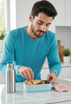 Young man packing a balanced lunch into a reusable container on a kitchen counter. He arranges sandwich and vegetables beside a water bottle and face mask, suggesting meal prep and eco habits.