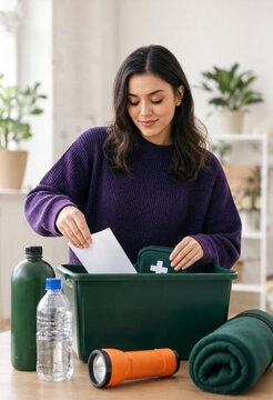 Woman organizing emergency supplies and placing items into a green container for preparedness. The scene conveys calm, practical action in a bright home setting.