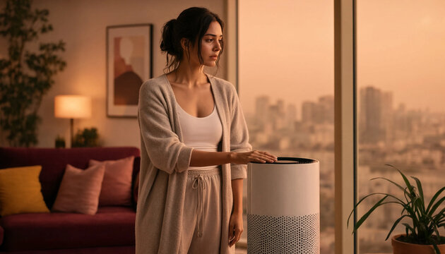 Woman operates an air purifier while looking out at the city skyline from a warm, cozy living room. The scene conveys calm, wellness, and modern home comfort.