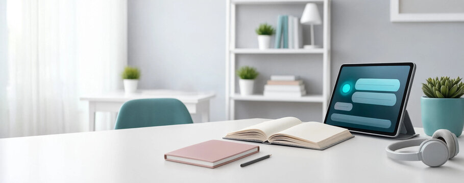 A tidy home workspace with a tablet, open notebook, closed planner and headphones arranged on a white desk. Bright minimalist interior with plants and shelves, suitable for remote work.