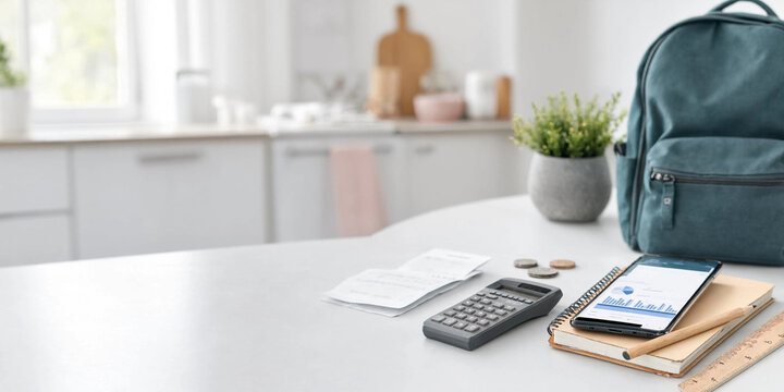 A calculator, smartphone, coins, receipts and notebook arranged on a kitchen counter next to a backpack and plant, suggesting budgeting or bill paying. Bright modern kitchen background with space for