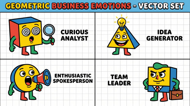Abstract characters. Geometric comic creature emotions. Funny face business team