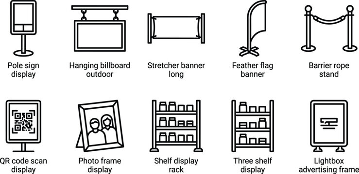 Retail signage and display equipment icons set featuring shelving racks lightboxes and advertising stands.