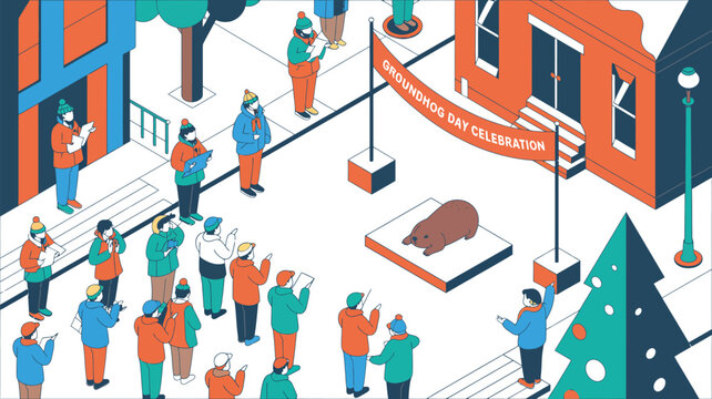 Crowd standing in a town square watches a groundhog during an annual winter celebration event held in a snowy park setting.