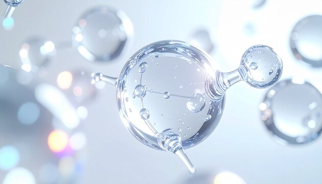 ヒアルロン酸分子をイメージした透明感あふれる美容成分ネットワークと先進スキンケアサイエンス背景 ジェネレーティブAI