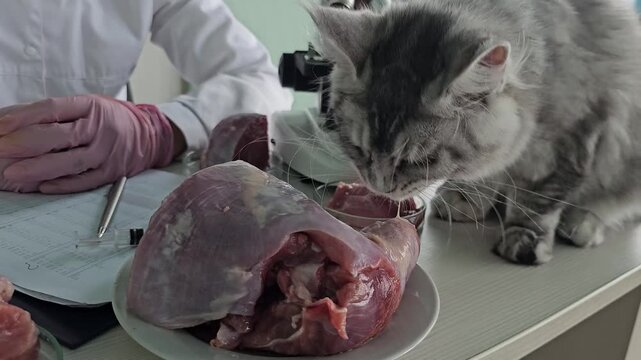 Cat explores meat samples during veterinary examination in a clinic setting