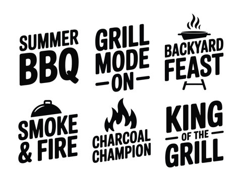 Grill and barbecue phrases and logos for outdoor cooking and summer activities