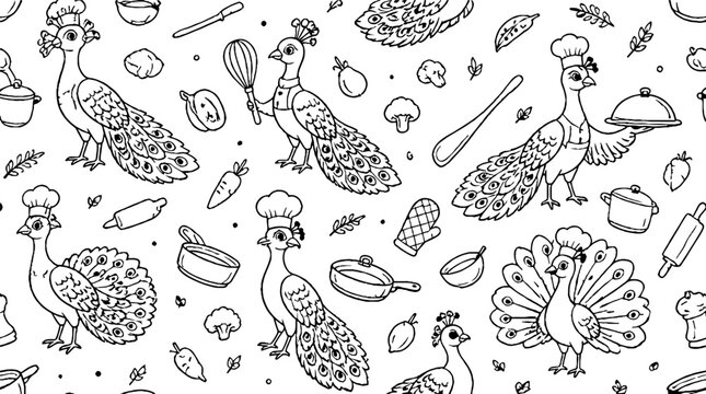 Decorative turkey and kitchen utensils pattern illustration.