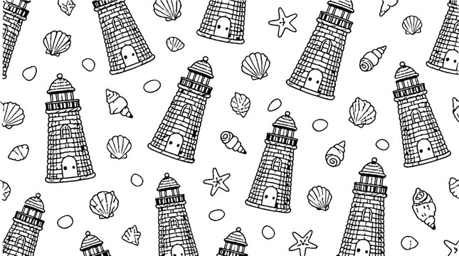 Nautical lighthouse and seashell pattern illustration.