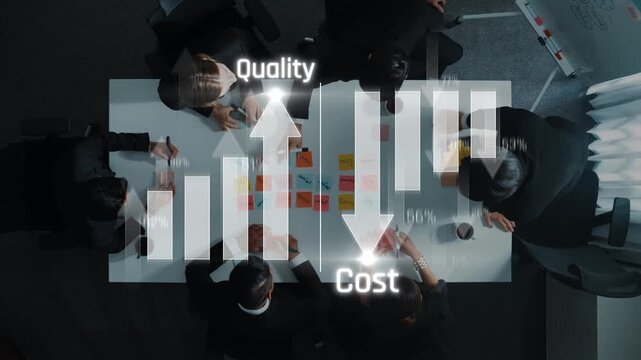 Aerial view of business professionals collaborating in a modern office, analyzing quality versus cost metrics to enhance strategic decision-making and drive success. Raster