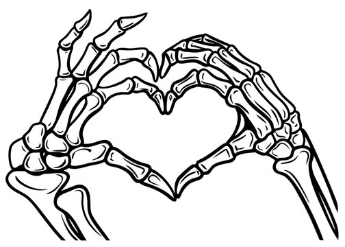 Skeleton hands howing heart shape. T-shirt print for Horror or Halloween. Hand drawing illustration isolated on white background. Vector EPS 10.