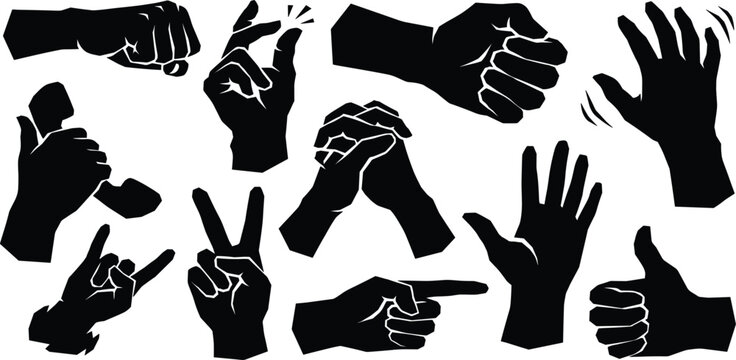 Black silhouette hand gestures vector icon set featuring fist thumbs up pointing waving fingers peace sign and diverse communication symbols isolated on white background