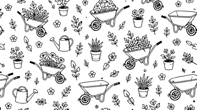 Hand drawn gardening tools and plants pattern design.