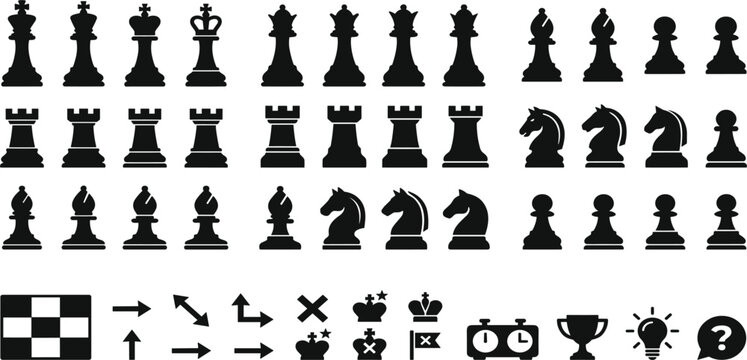 Black silhouette chess pieces vector icon set featuring king queen rook bishop knight pawn tournament timers trophies and strategy UI elements isolated on white background