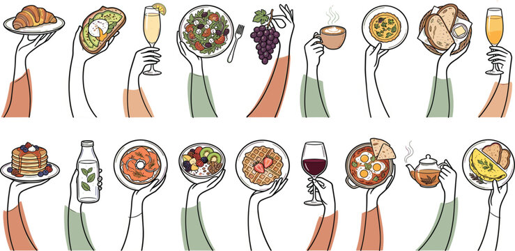 Charming hand drawn breakfast and brunch food vector set featuring elegant hands holding delicious meals pastries coffee wine toast waffles and pancakes isolated on white background