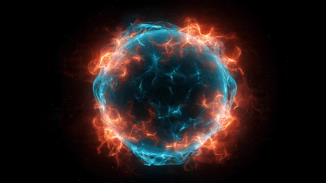 Vibrant blue and orange energy sphere glowing intensely against a dark background, depicting a powerful plasma or magical orb with dynamic light effects.