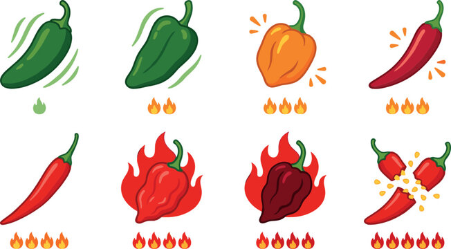 Chili pepper spicy hot scale indicator vector illustration set with red jalapeno habanero ghost pepper flames and spice level fire icons