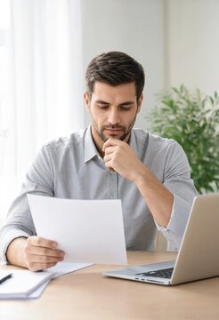 A man in a light gray shirt thoughtfully examines documents while seated at a modern office desk with a laptop. Focused work environment.