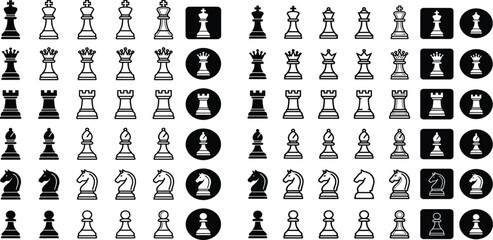 Minimalist outline chess pieces vector icon set featuring diverse graphic styles of king queen rook bishop knight and pawn for strategy board game designs isolated on white background © Ruma