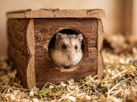 Adorable dwarf hamster curiously peeking out from its small wooden house, nestled in cozy bedding indoors.