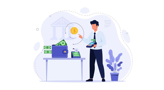 Man uses POS machine for cashless payment, concept of financial transactions, banking, and digital money transfer.