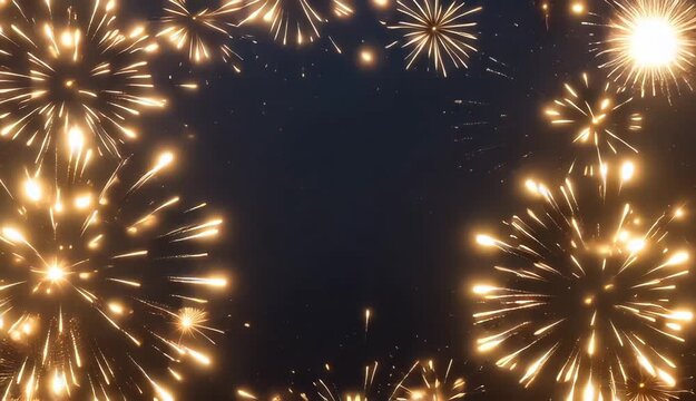 4th July Golden fireworks frame on dark background, shimmering firework border for celebration, sparkling festive pyrotechnics display with copy space