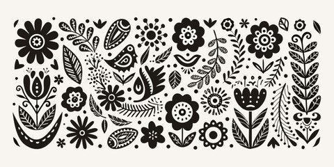 Floral ornament collection black and white vector illustration with stylized botanical motifs foliage flower blossom © Dibyendu