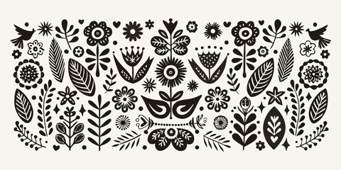 Scandinavian floral ornament with stylized birds and leaves on a white background scandinavian design floral ornament folklore © Dibyendu