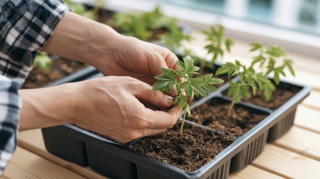 Hands transplanting young marijuana seedlings into growing trays in controlled indoor environment. Cannabis propagation, early cultivation stage and plant care concept